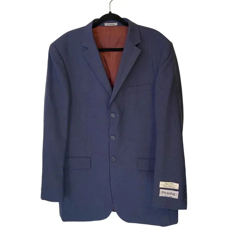 New Piranha Wool Blazer Men 44Long Hand Tailored Blue Suit Jacket Coat Luxury